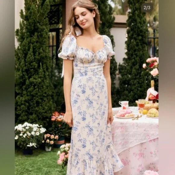 NWT LAIT Collection Katrina Cream White Blue Floral Midi Dress Size S - Picture 2 of 10